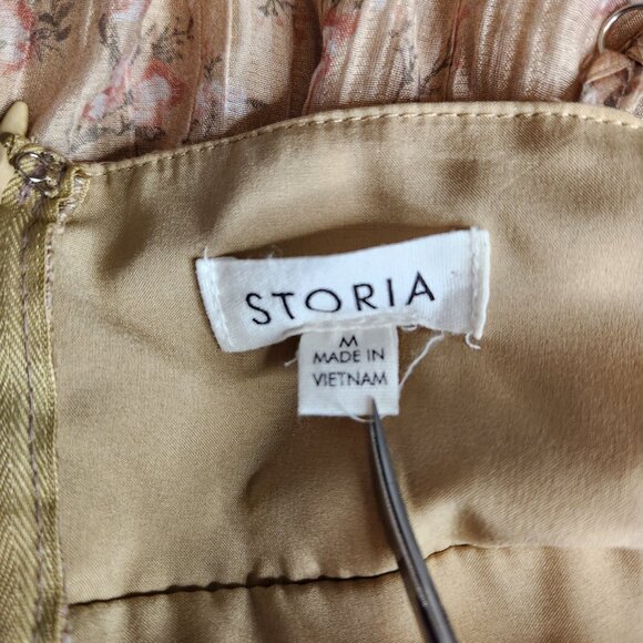 Storia Floral Tiered Midi Dress Cottagecore Boho Ruffle Tan Size M - Picture 10 of 12